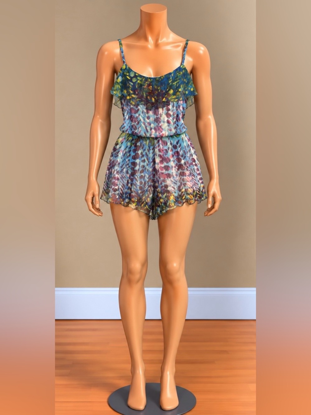 Vintage 2007 Wet Seal Blue Abstract Ruffle Chiffon Romper XS Y2K